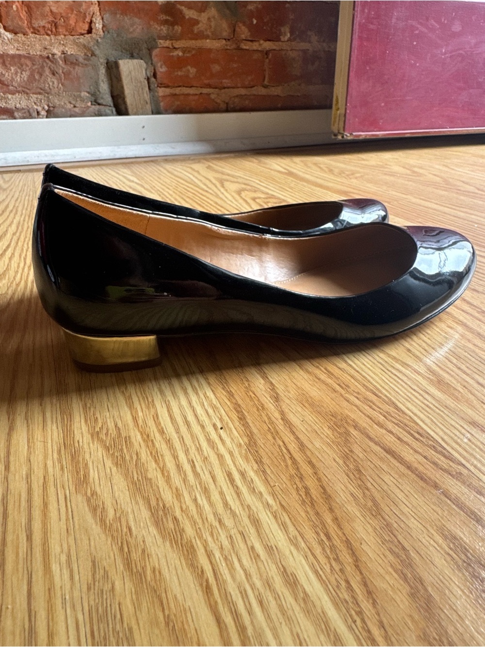 J.Crew Classic Black Patent Gold Heel Ballet Flats